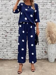 EMERY ROSE Polka Dot Print Drop Shoulder Blouse & Wide Leg Pants