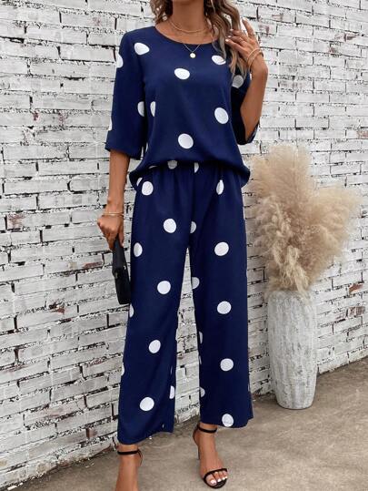 EMERY ROSE Polka Dot Print Drop Shoulder Blouse & Wide Leg Pants