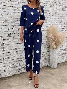 EMERY ROSE Polka Dot Print Drop Shoulder Blouse & Wide Leg Pants