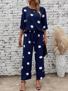 EMERY ROSE Polka Dot Print Drop Shoulder Blouse & Wide Leg Pants