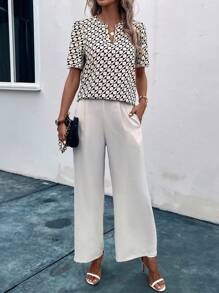 SHEIN Clasi Allover Print Notched Neckline Top & Wide Leg Trousers - Apricot - View 1