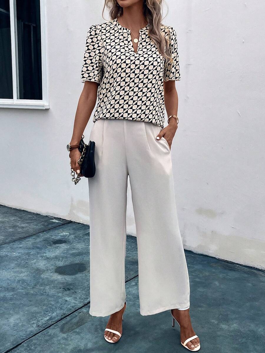 SHEIN Clasi Allover Print Notched Neckline Top & Wide Leg Trousers - Apricot - View 1