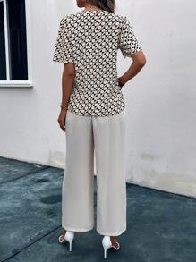 SHEIN Clasi Allover Print Notched Neckline Top & Wide Leg Trousers - Apricot - View 2