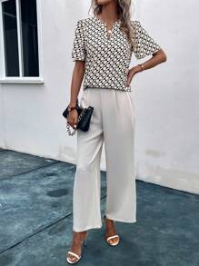 SHEIN Clasi Allover Print Notched Neckline Top & Wide Leg Trousers - Apricot - View 4