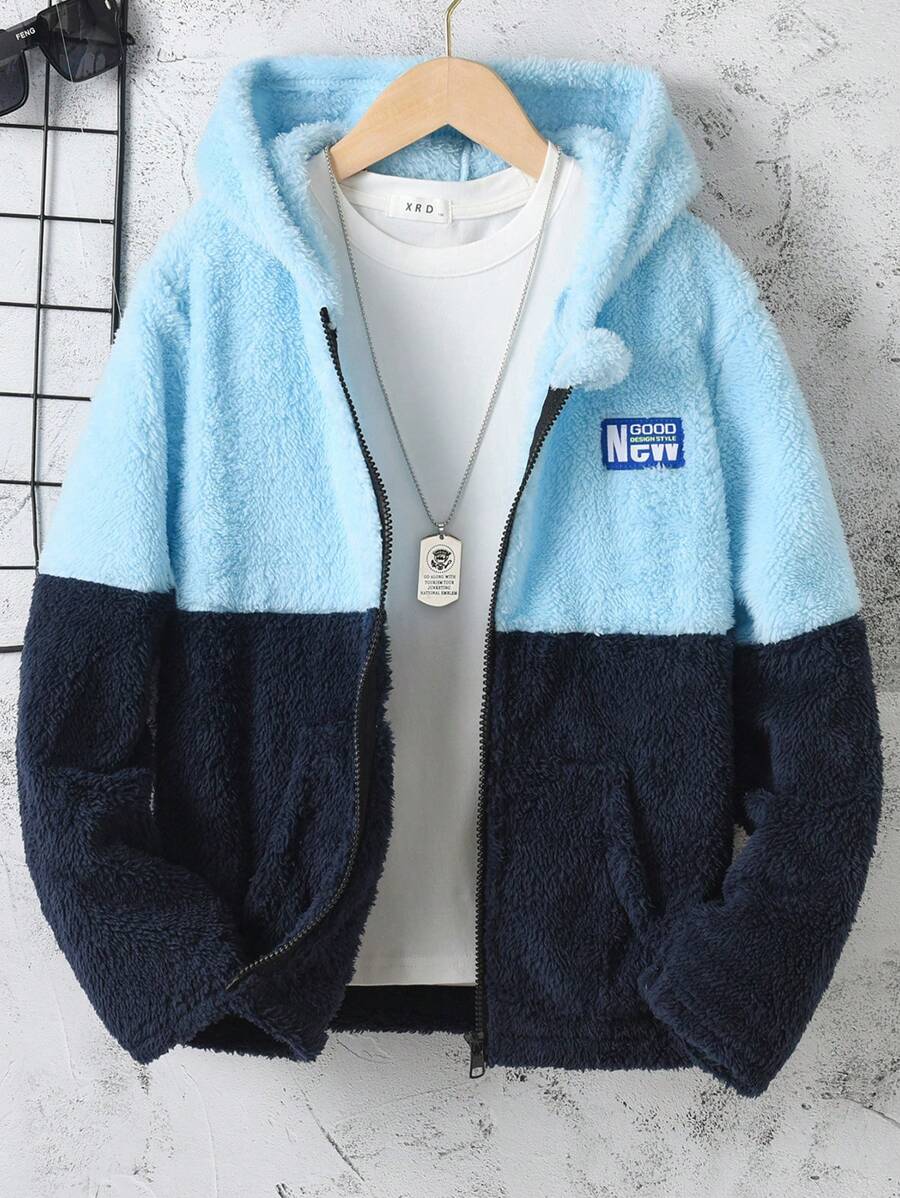 SHEIN Tween Boy Two Tone Letter Patched Detail Hooded Teddy Jacket Without Tee - Blue - View 1