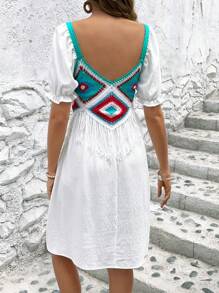 SHEIN VCAY Mẫu Geo Viền rìa Ống tay áo Đầm - trắng - Xem 3