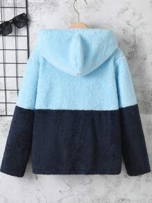 SHEIN Tween Boy Two Tone Letter Patched Detail Hooded Teddy Jacket Without Tee - Blue - View 2