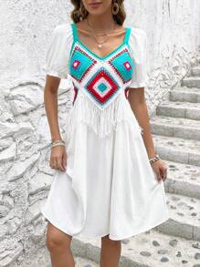 SHEIN VCAY Mẫu Geo Viền rìa Ống tay áo Đầm - trắng - Xem 1