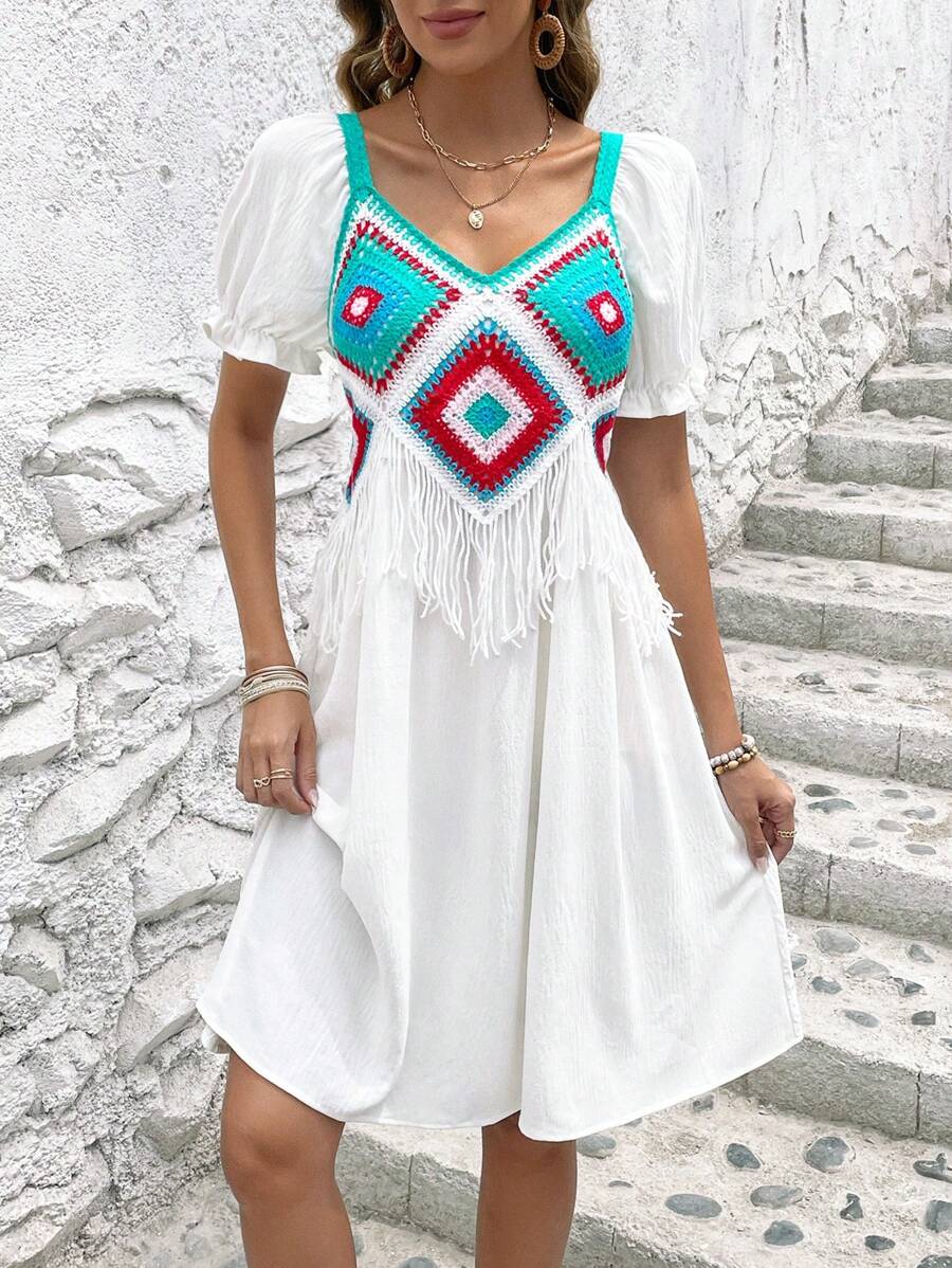 SHEIN VCAY Mẫu Geo Viền rìa Ống tay áo Đầm - trắng - Xem 1