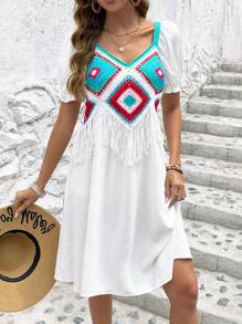 SHEIN VCAY Mẫu Geo Viền rìa Ống tay áo Đầm - trắng - Xem 6