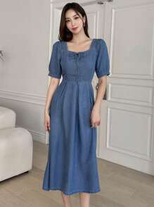 DAZY 雞心領口泡泡袖前打結牛仔裙 - 藍色 - 查看 1