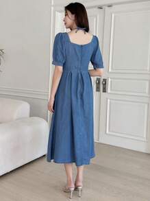 DAZY 雞心領口泡泡袖前打結牛仔裙 - 藍色 - 查看 2