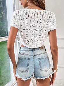 SHEIN VCAY Cắt vỏ sò Tie Trước Áo đan Crop - trắng - Xem 2