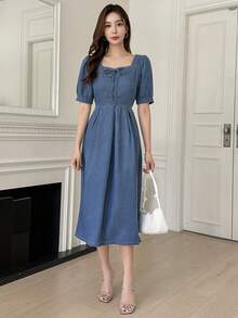 DAZY 雞心領口泡泡袖前打結牛仔裙 - 藍色 - 查看 6