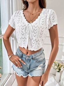 SHEIN VCAY Cắt vỏ sò Tie Trước Áo đan Crop - trắng - Xem 3