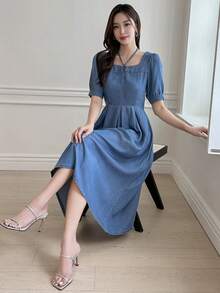 DAZY 雞心領口泡泡袖前打結牛仔裙 - 藍色 - 查看 5