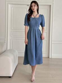 DAZY 雞心領口泡泡袖前打結牛仔裙 - 藍色 - 查看 7