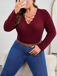 SHEIN Essnce Hơn Mặt trước chéo Đồ đan Ribbed Áo thun - Màu Đỏ Sâu - Xem 3