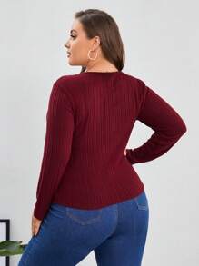 SHEIN Essnce Hơn Mặt trước chéo Đồ đan Ribbed Áo thun - Màu Đỏ Sâu - Xem 2