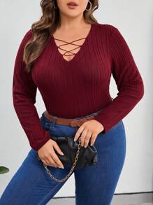 SHEIN Essnce Hơn Mặt trước chéo Đồ đan Ribbed Áo thun - Màu Đỏ Sâu - Xem 4