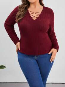 SHEIN Essnce Hơn Mặt trước chéo Đồ đan Ribbed Áo thun - Màu Đỏ Sâu - Xem 5