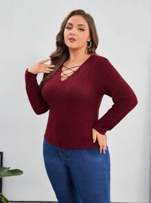 SHEIN Essnce Hơn Mặt trước chéo Đồ đan Ribbed Áo thun - Màu Đỏ Sâu - Xem 7