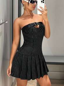 SHEIN ICON Striped Print Buckle Detail Pleated Hem Tube Dress - Black - View 1