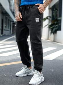 GENTILAND 男士字母貼布腰部抽繩束腳牛仔褲 - 黑色 - 查看 1