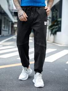 GENTILAND 男士字母貼布腰部抽繩束腳牛仔褲 - 黑色 - 查看 3