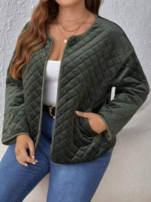 SHEIN Frenchy 大碼拉鏈開襟絎縫外套 - 墨綠色 - 查看 3