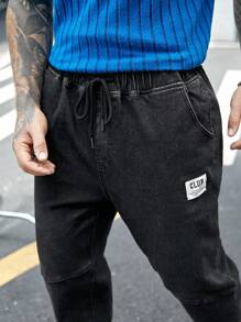 GENTILAND 男士字母貼布腰部抽繩束腳牛仔褲 - 黑色 - 查看 4