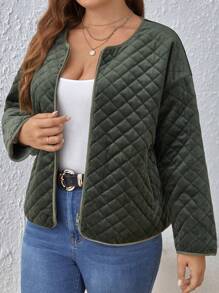 SHEIN Frenchy 大碼拉鏈開襟絎縫外套 - 墨綠色 - 查看 6