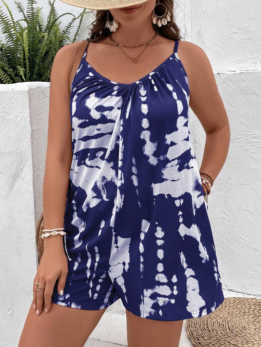 SHEIN VCAY Plus Tie Dye Cami Romper - Navy Blue - View 1