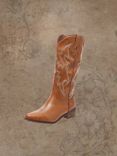 Fairycore Women Graphic Embroidery Detail Chunky Heeled Point Toe Western Boots, Cool Outdoor Fashion Boots