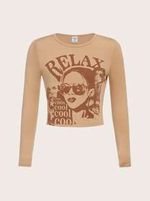 SHEIN Cô gái Giải trí Dệt kim Vòng cổ In Tay áo dài Áo thun Đối với Mặc hàng ngày - Màu Khaki - Xem 1