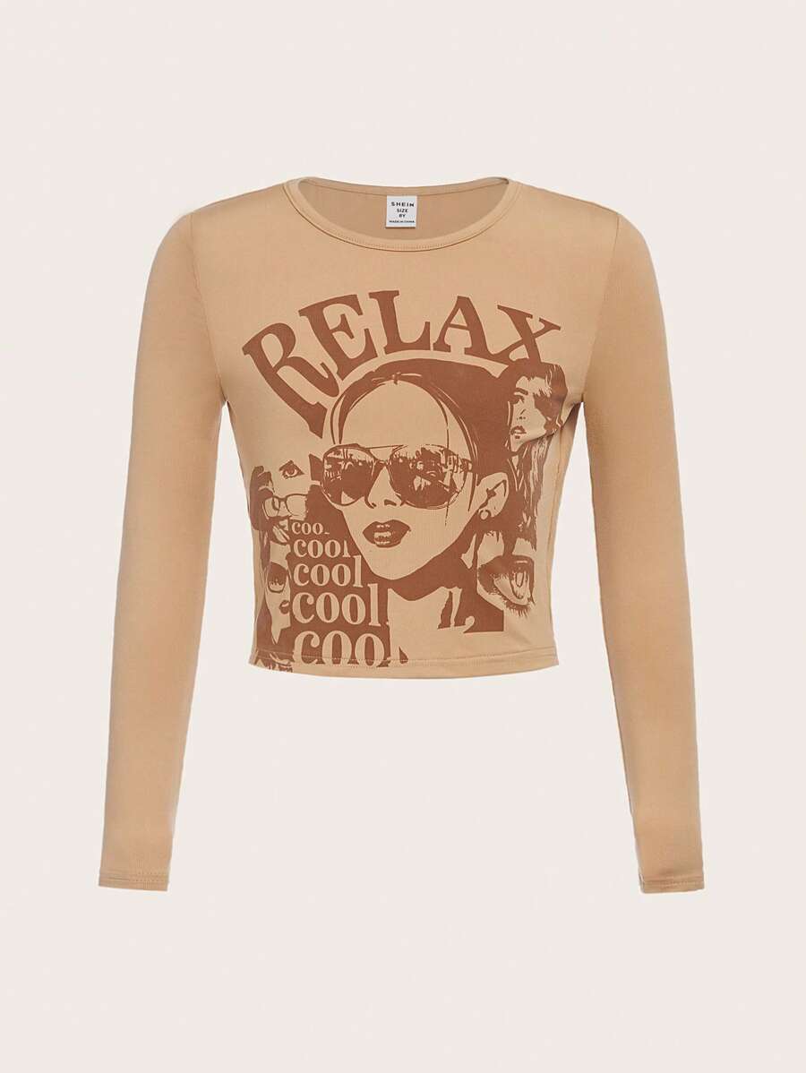 SHEIN Cô gái Giải trí Dệt kim Vòng cổ In Tay áo dài Áo thun Đối với Mặc hàng ngày - Màu Khaki - Xem 1