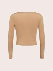 SHEIN Cô gái Giải trí Dệt kim Vòng cổ In Tay áo dài Áo thun Đối với Mặc hàng ngày - Màu Khaki - Xem 2