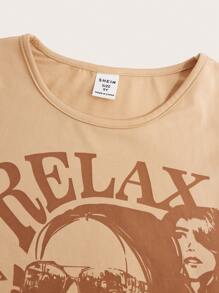 SHEIN Cô gái Giải trí Dệt kim Vòng cổ In Tay áo dài Áo thun Đối với Mặc hàng ngày - Màu Khaki - Xem 3