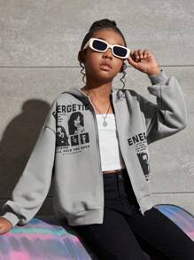 SHEIN Leap Crew 女大童1入組人物和字母圖案落肩袖拉鏈連帽衫 - 淺灰色 - 查看 1