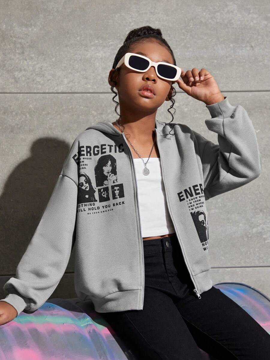 SHEIN Leap Crew 女大童1入組人物和字母圖案落肩袖拉鏈連帽衫 - 淺灰色 - 查看 1