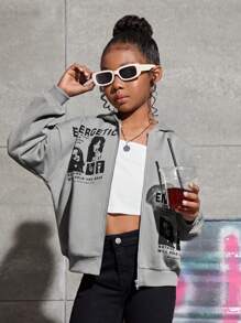 SHEIN Leap Crew 女大童1入組人物和字母圖案落肩袖拉鏈連帽衫 - 淺灰色 - 查看 3