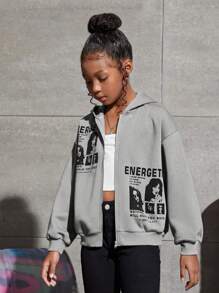 SHEIN Leap Crew 女大童1入組人物和字母圖案落肩袖拉鏈連帽衫 - 淺灰色 - 查看 4