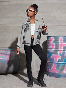 SHEIN Leap Crew 女大童1入組人物和字母圖案落肩袖拉鏈連帽衫 - 淺灰色 - 查看 5