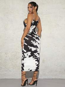 SHEIN SXY Tie Dye Cami Bodycon Dress - Black and White - View 2