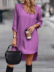 SHEIN LUNE Roll Tab Sleeve High Low Hem Tunic Dress - Purple - View 1
