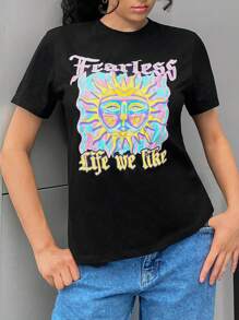 SHEIN EZwear Cartoon & Slogan Graphic Tee - Black - View 1