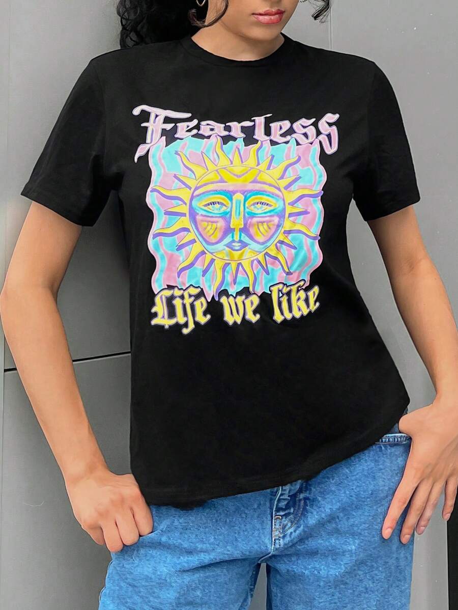 SHEIN EZwear Cartoon & Slogan Graphic Tee - Black - View 1