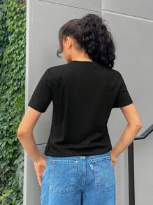 SHEIN EZwear Cartoon & Slogan Graphic Tee - Black - View 2