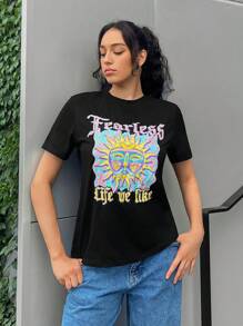 SHEIN EZwear Cartoon & Slogan Graphic Tee - Black - View 3