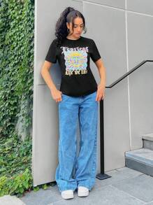 SHEIN EZwear Cartoon & Slogan Graphic Tee - Black - View 4